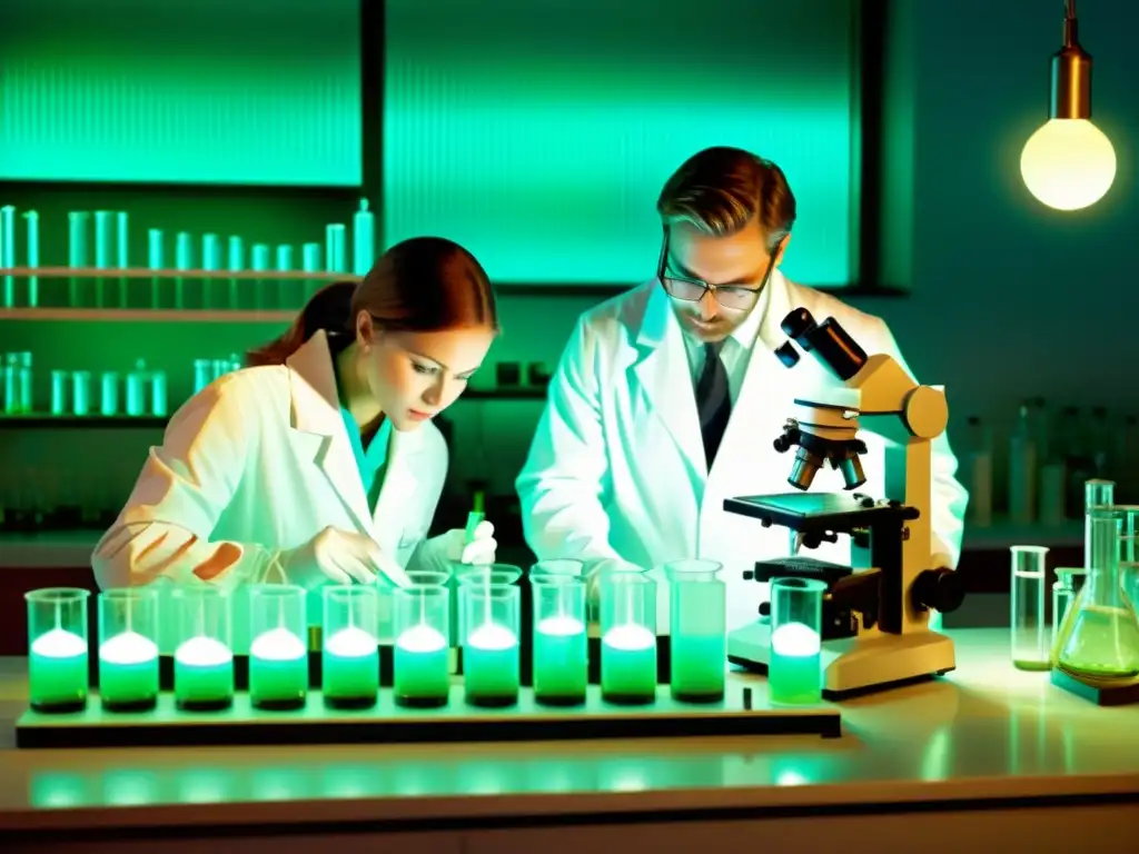 Explorando el Futuro: Células Madre Bioluminiscentes en el Laboratorio Un laboratorio vintage con científicos manipulando células madre bioluminiscentes bajo microscopio, creando una atmósfera mágica