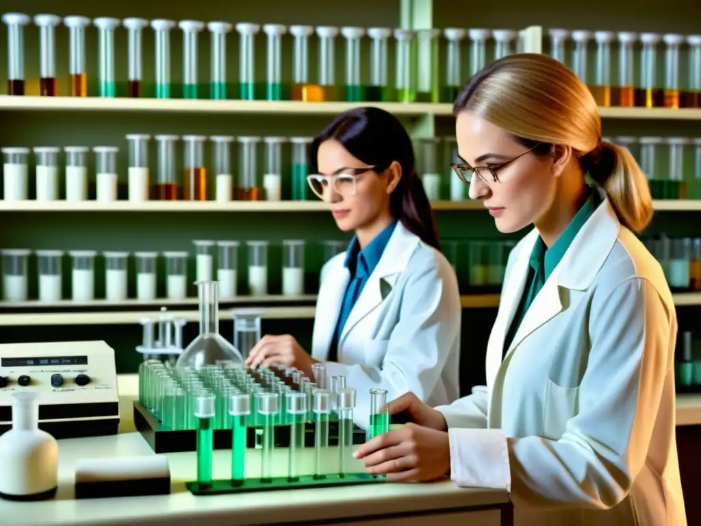 Un laboratorio vintage de la década de 1970, con científicos manipulando hebras de ADN recombinante en medicina moderna