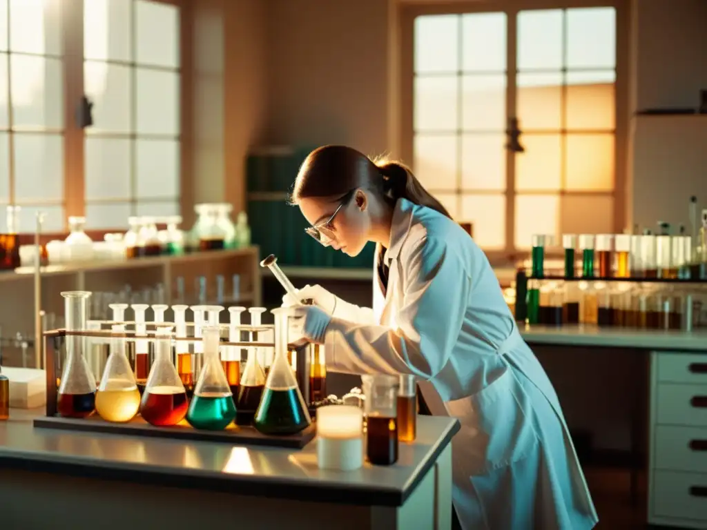 Un laboratorio vintage con equipamiento científico antiguo, científico examinando muestra bajo microscopio vintage