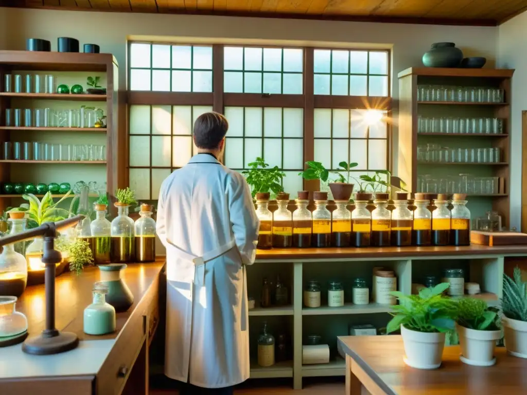 Un laboratorio vintage con equipo antiguo, estanterías de libros médicos y botánicos, y rayos de sol que crean una atmósfera nostálgica