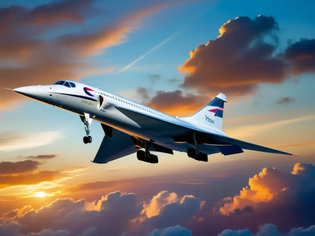El legado del Concorde supersónico: un atardecer radiante en el cielo, resaltando la elegancia y la innovación de la icónica aeronave