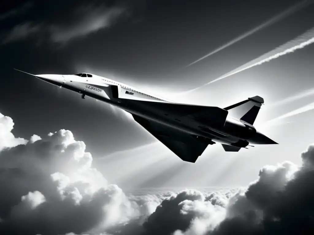 El legado del Concorde Supersónico: una foto vintage en blanco y negro del Concorde surcando las nubes, con su diseño elegante y futurista