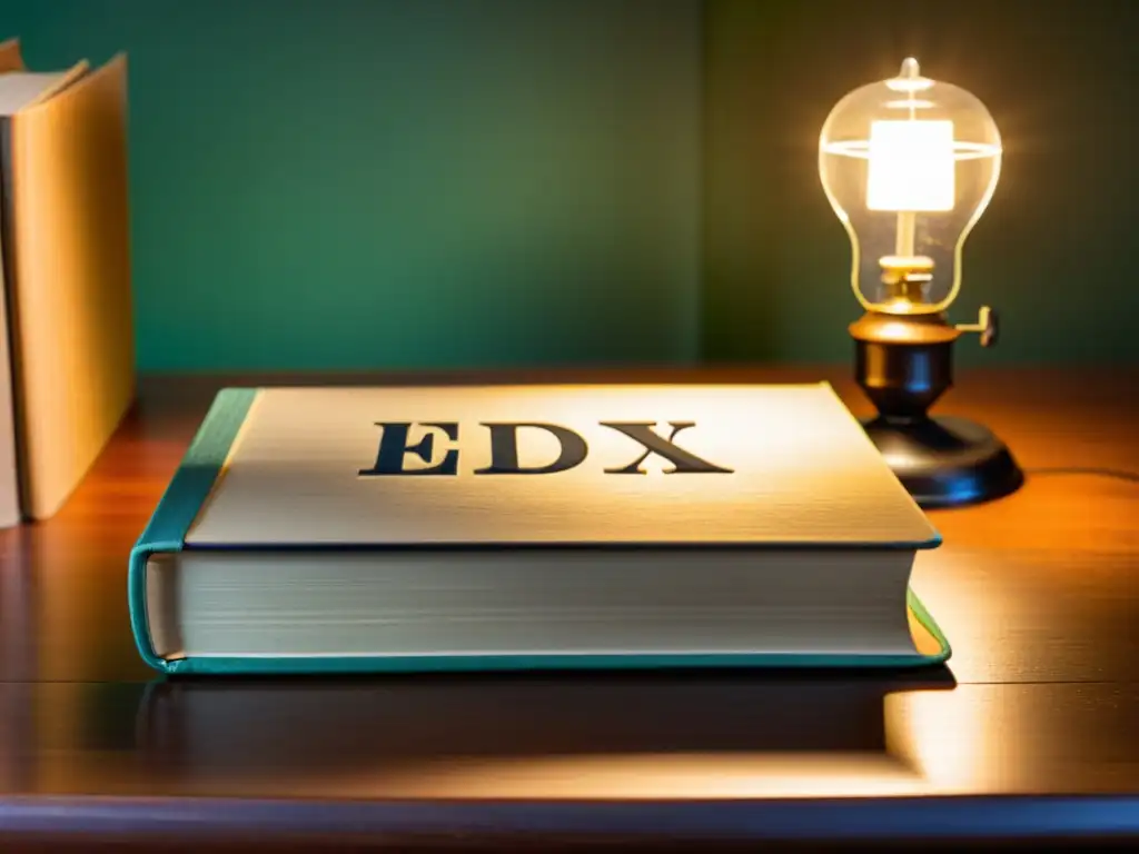 Un libro antiguo con el logo de EdX en la portada, sobre un escritorio de madera vintage junto a unas gafas y libros abiertos