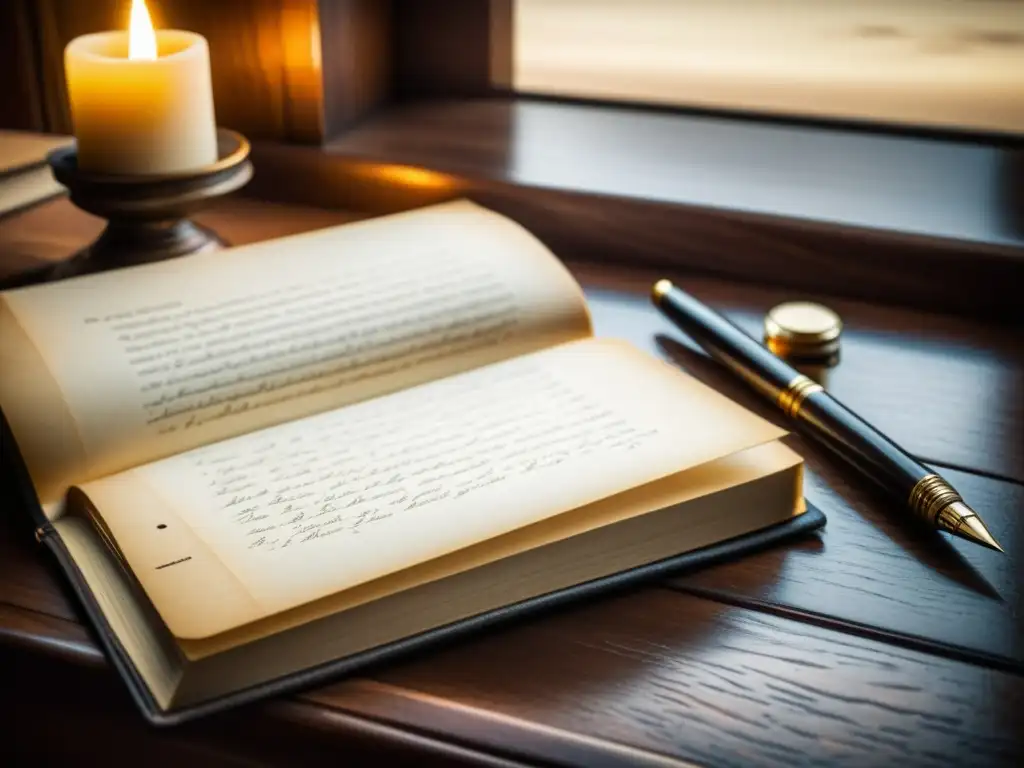 Un libro de contabilidad antiguo abierto en un escritorio de madera oscura, con una pluma vintage descansando sobre él