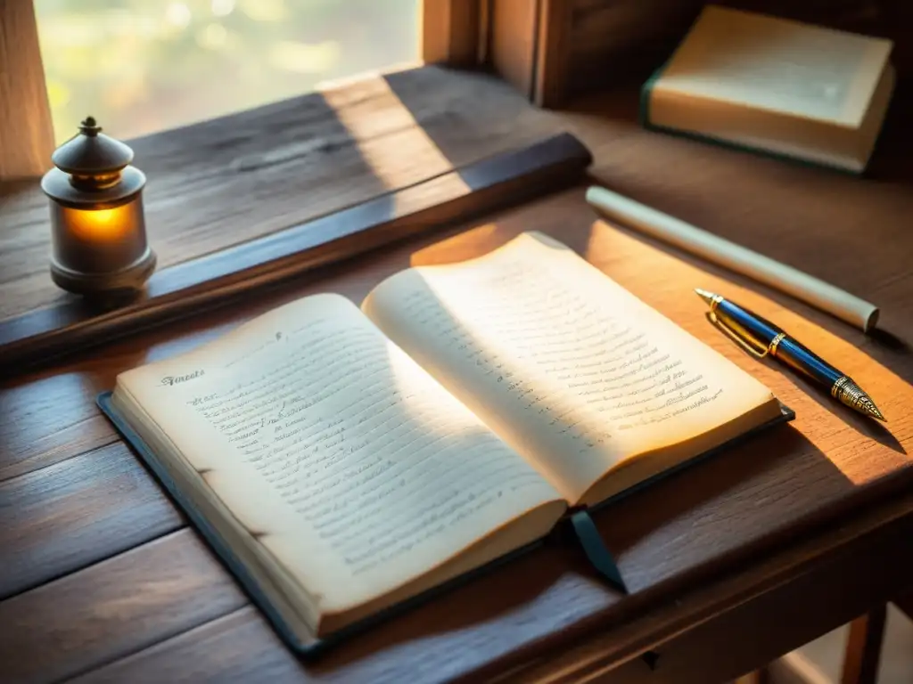 Un libro de contabilidad antiguo abierto en un escritorio de madera, con una pluma vintage descansando sobre él