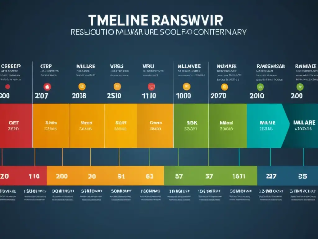 Una línea de tiempo detallada muestra la evolución del malware, desde el virus Creeper hasta el ransomware contemporáneo