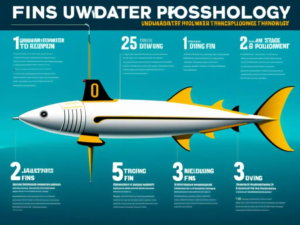 Una línea de tiempo histórica muestra la evolución de la innovación en aletas de buceo y propulsión subacuática, desde equipos antiguos hasta diseños modernos, en una presentación visualmente atractiva e informativa