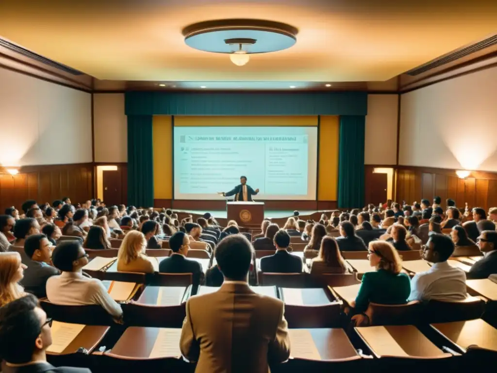 Conferencia llena de alumnos con el profesor enseñando, reflejando el impacto de los gigantes MOOC en la educación universitaria