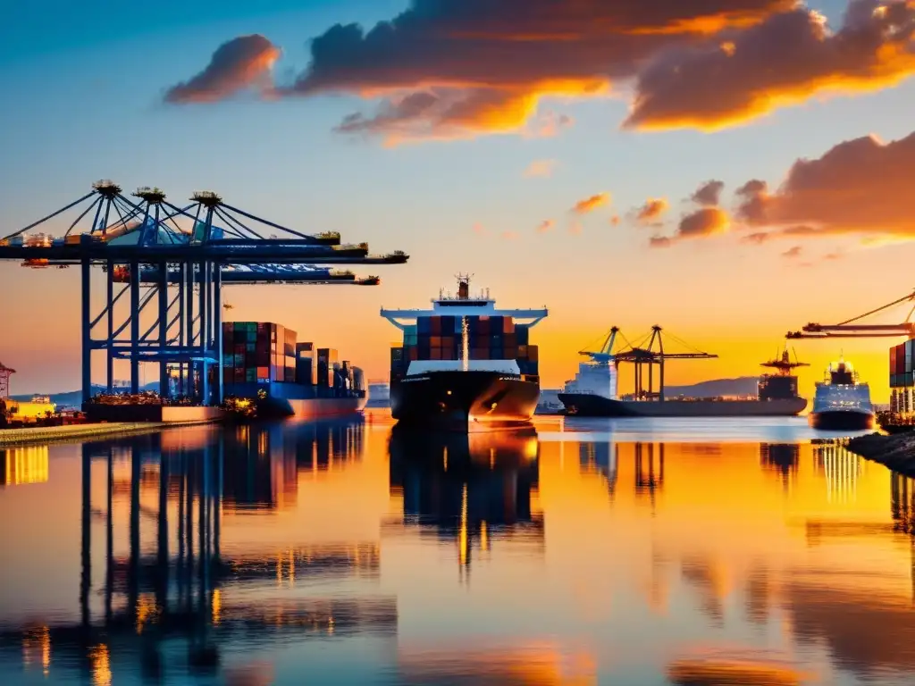 Transformando la logística global: Un puerto internacional bullicioso al atardecer, con barcos de carga siendo cargados y descargados mientras grúas imponentes se alzan sobre ellos