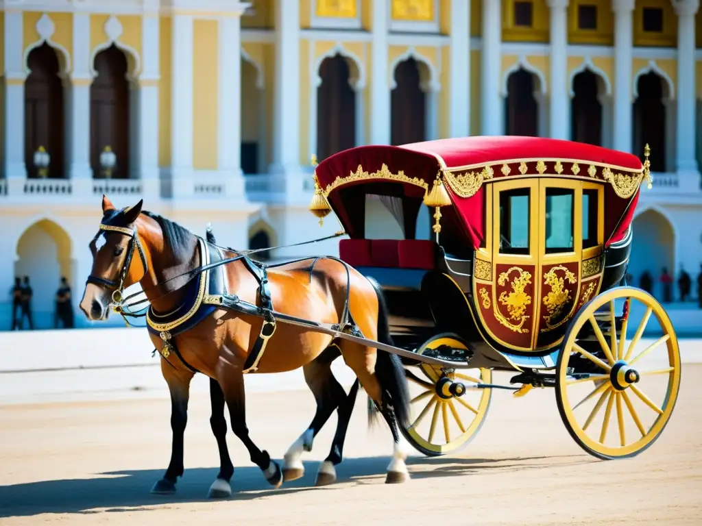 Un lujoso carruaje del Renacimiento con detalles ornamentados, terciopelo rico y caballos poderosos