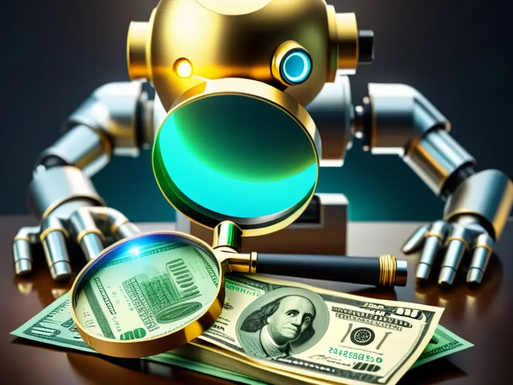 Un ilustración vintage con lupa sobre dinero, y un robot futurista detectando actividad financiera sospechosa