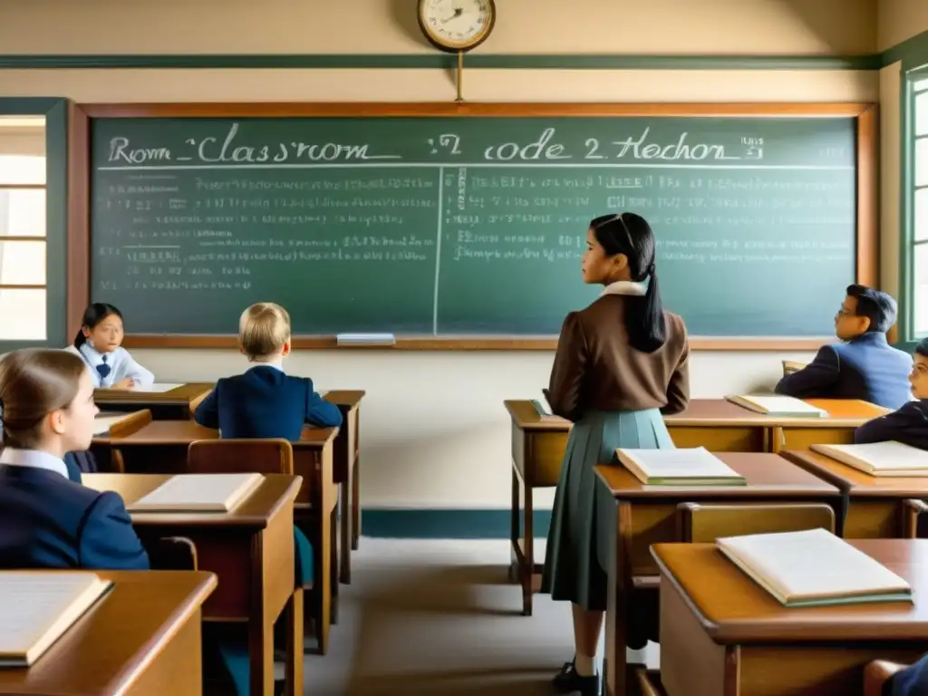 Maestra enseñando programación en un aula vintage con estudiantes atentos tomando notas