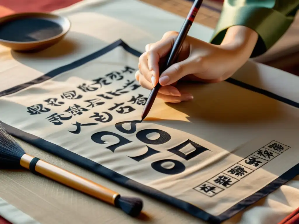 Un maestro calígrafo chino crea caracteres elegantes con pincel en seda, evocando secretos de la historia y la caligrafía china