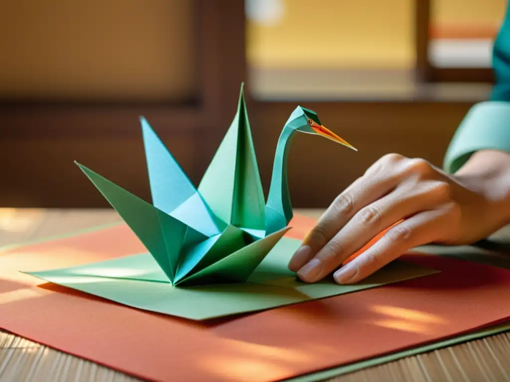 Un maestro japonés de origami, con manos expertas, crea grullas en papel washi