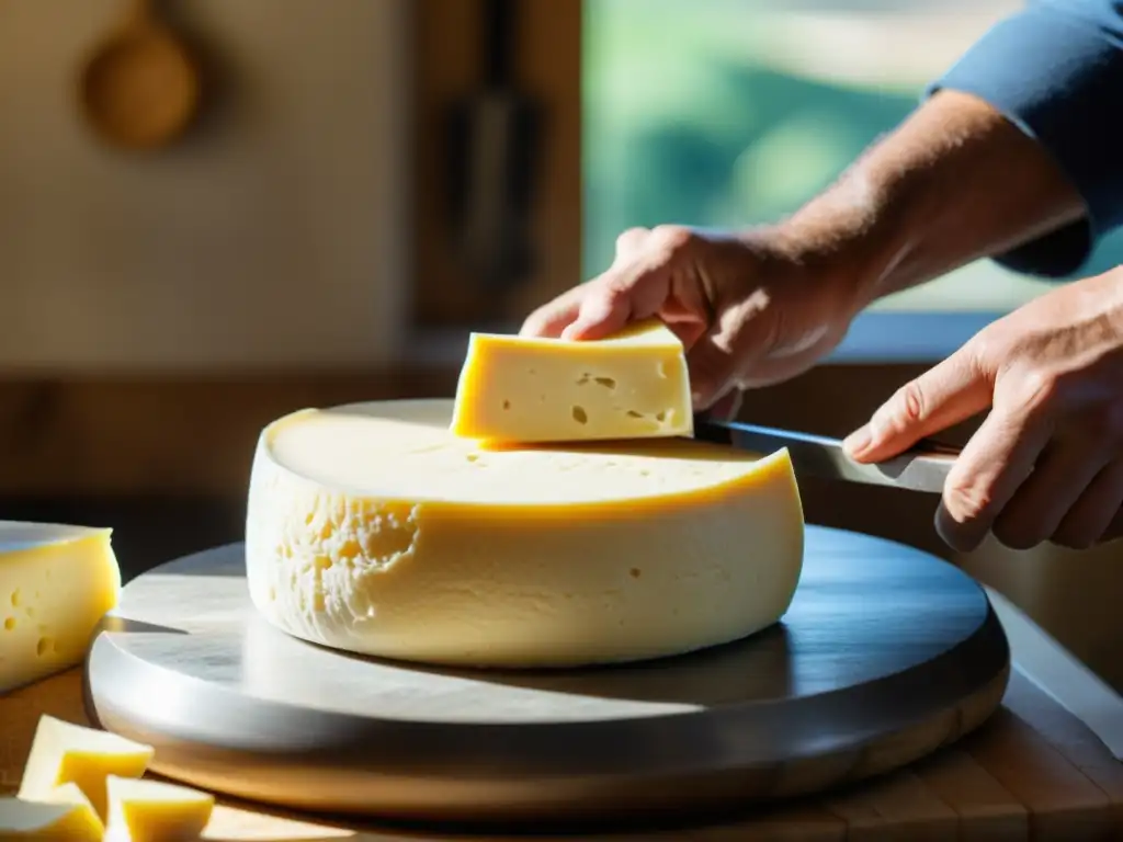 Un maestro quesero experto en tecnología láctea, crea con destreza una rueda de queso artesanal, con detalles y colores vibrantes