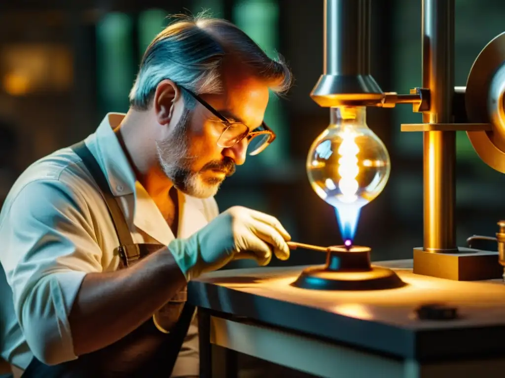 Un maestro vidriero moldea con destreza un implante médico de biovidrio en su taller vintage, iluminado por el suave resplandor del horno