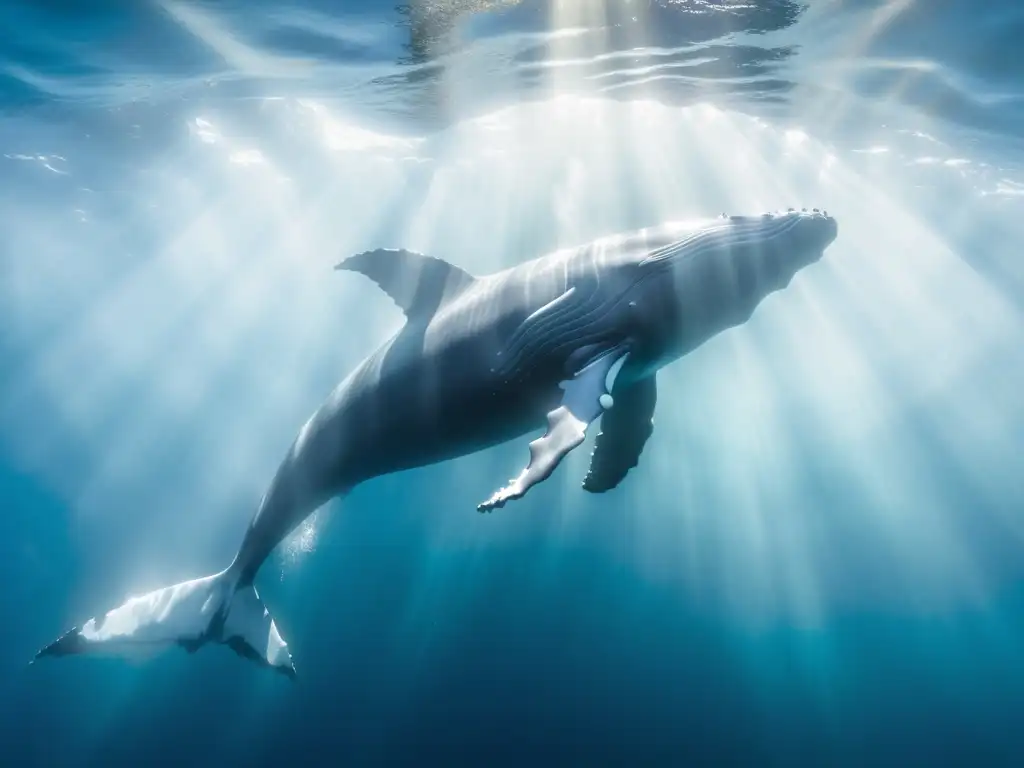 Una majestuosa ballena nadando en el océano, iluminada por el sol, con detalles increíbles en su piel