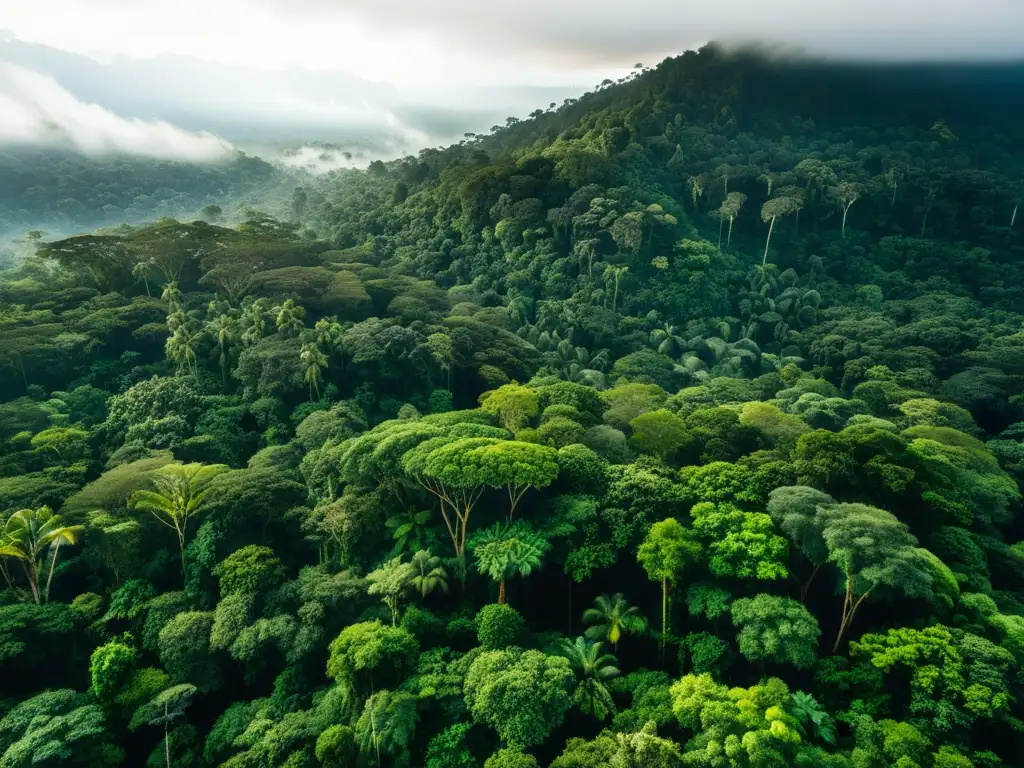 Un majestuoso bosque tropical se extiende con exuberante verdor, luz solar filtrada y una bruma suave sobre la copa de los árboles