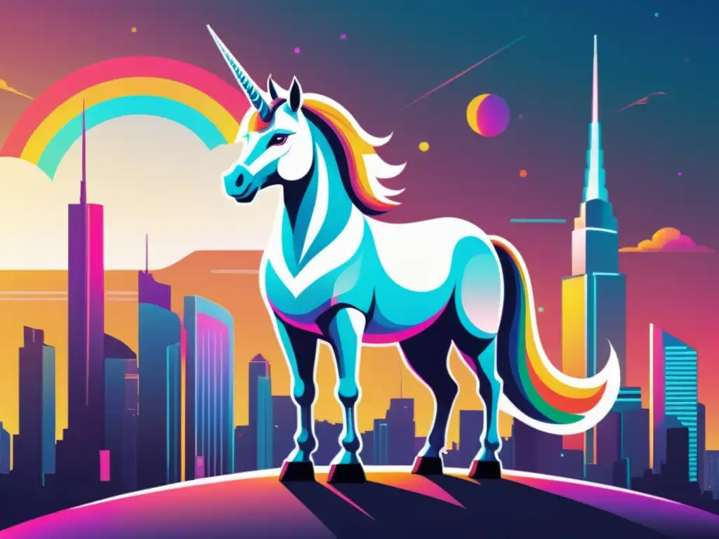 Un majestuoso unicornio en un paisaje futurista de tecnología, evocando el potencial de las startups tecnológicas