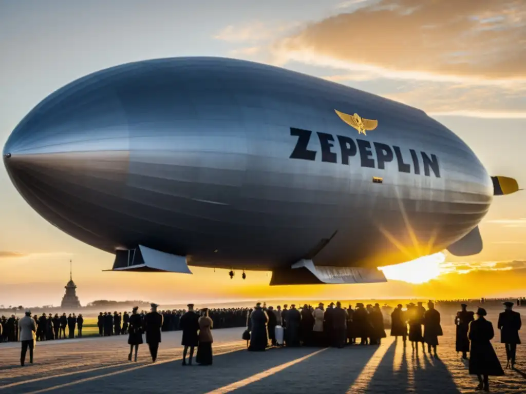 Majestuoso Zeppelin en el atardecer dorado, con su estructura y admiradores en tierra