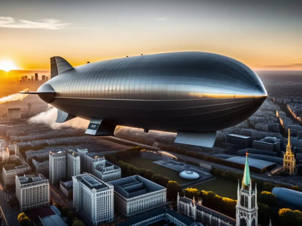 Un majestuoso Zeppelin flota sobre la ciudad al atardecer, mostrando la grandeza y la tragedia de los Zeppelines