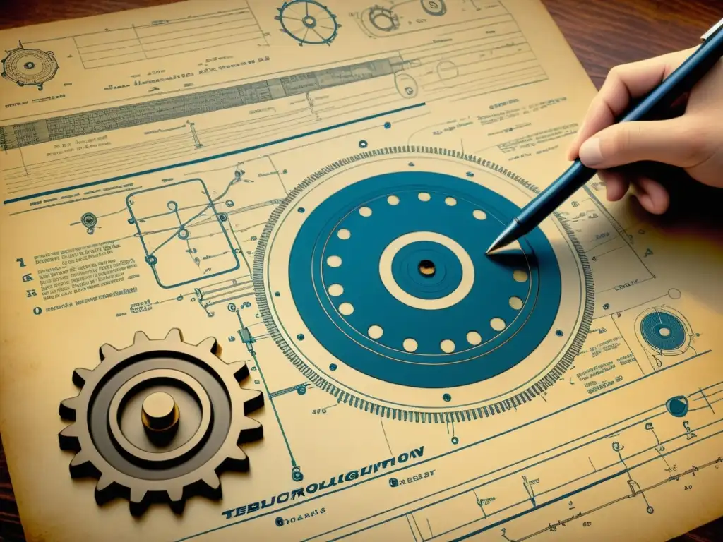 Mano dibujando detallado plano de invento tecnológico rodeado de documentos vintage