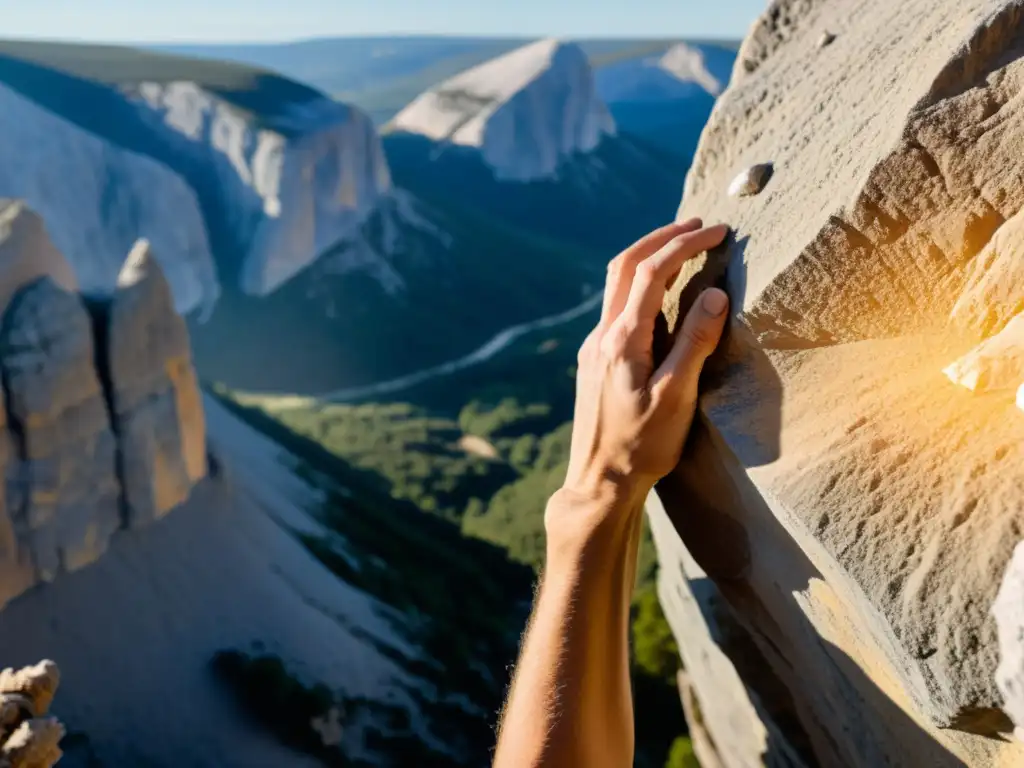 Mano de escalador alcanzando una presa de roca cubierta de tiza, con el sol iluminando el acantilado