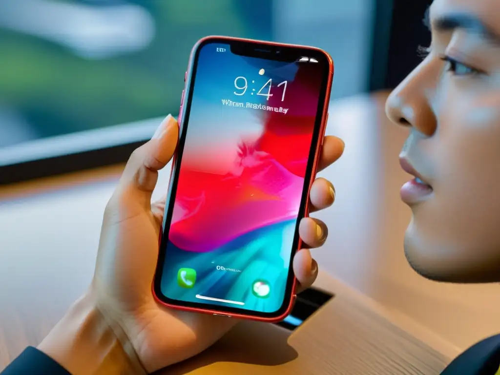 Una mano sujeta un elegante iPhone con pantalla adaptativa, en un entorno futurista con tecnología innovadora de Apple