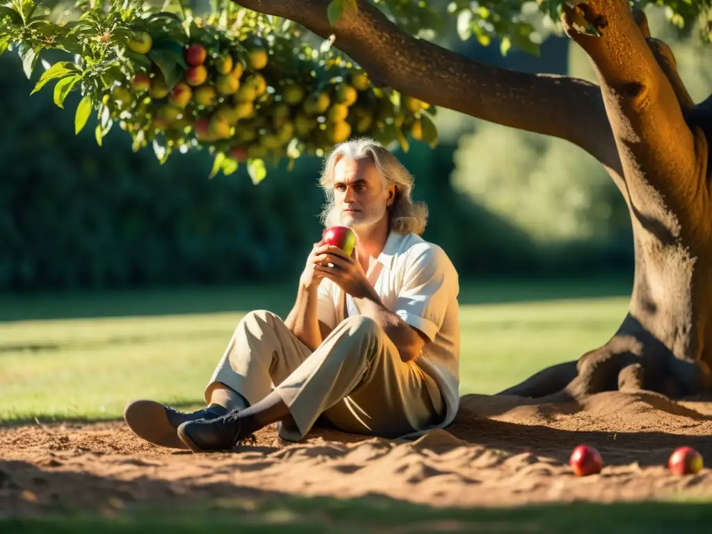 Isaac Newton reflexiona bajo un manzano, con luz dorada filtrándose entre las hojas