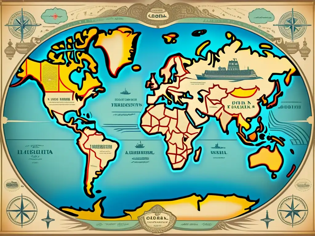 Mapa antiguo detallado de rutas comerciales y redes de transporte, resaltando la lucha contra falsificación con Blockchain