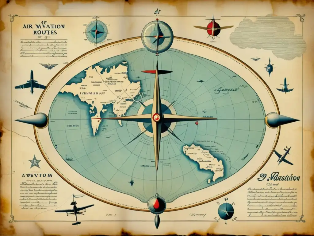 Mapa antiguo de rutas de navegación aérea, con ilustraciones de avances en sistemas de navegación aérea a lo largo de la historia de la aviación