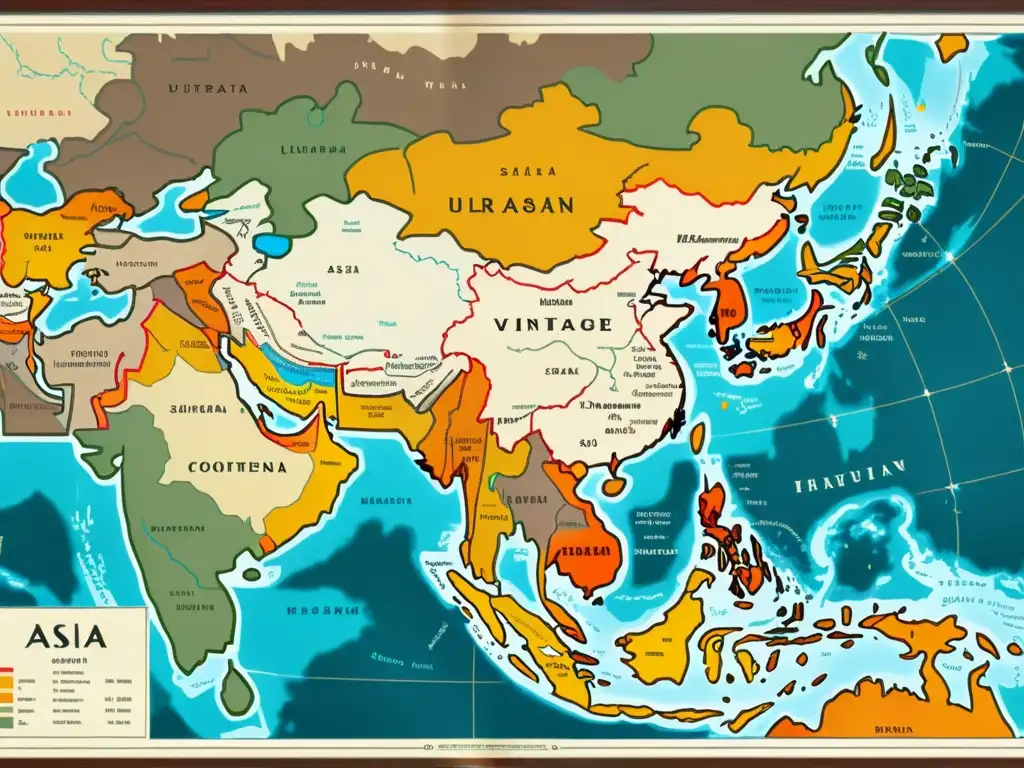 Mapa detallado vintage de Asia con fronteras y ciudades destacadas