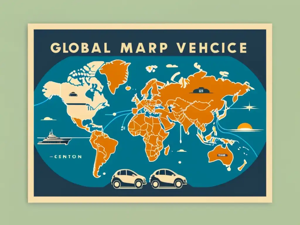 Mapa global vintage con íconos de competencia global vehículos eléctricos, estadísticas retro y autos clásicos eléctricos