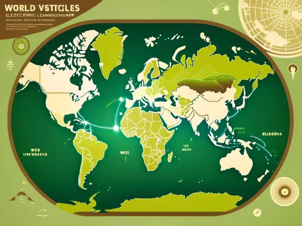 Mapa del impacto de vehículos eléctricos en el paisaje energético global, con detalles vintage y colores vibrantes