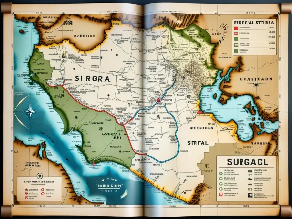 Un mapa militar vintage con coordenadas GPS para operaciones quirúrgicas, mostrando topografía detallada y objetivos estratégicos