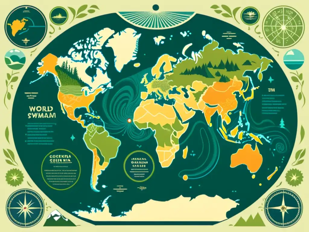 Ilustración vintage de un mapa mundial detallado que muestra sistemas naturales interconectados y la urgencia de abordar el cambio climático