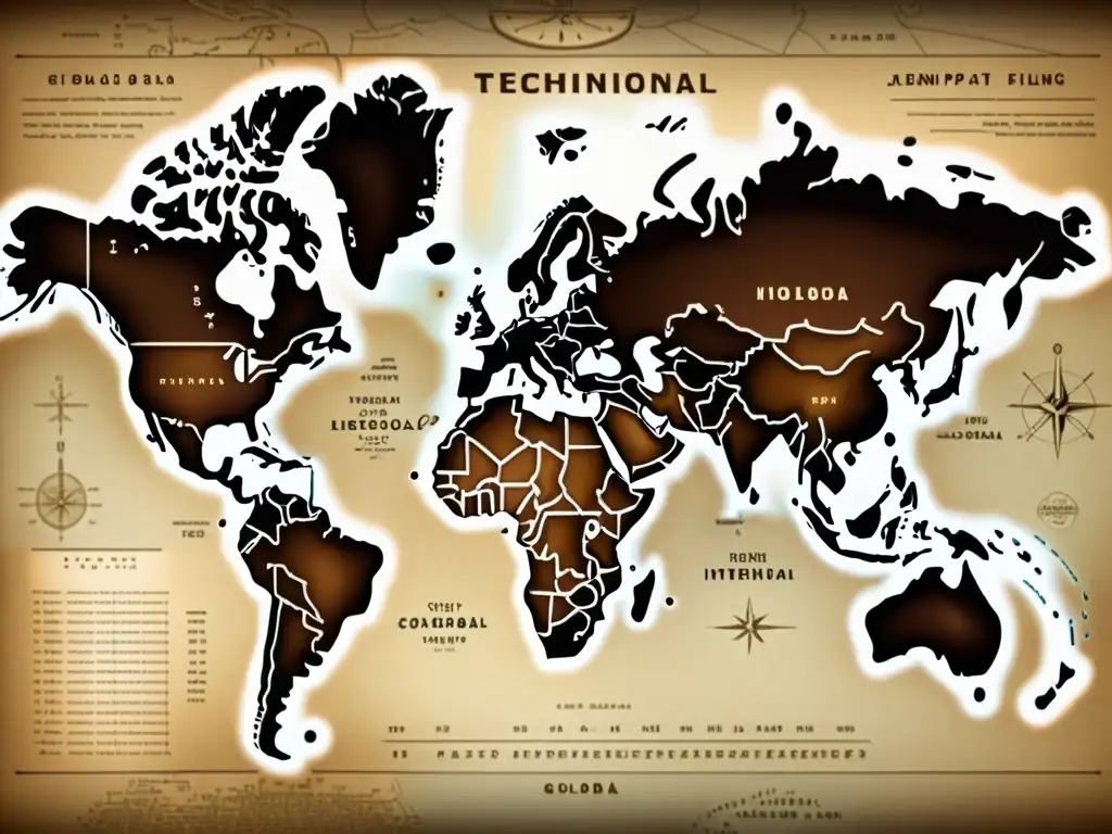 Un mapa mundial vintage con patentes e inventos tecnológicos superpuestos, mostrando el impacto global de patentes internacionales en tecnología