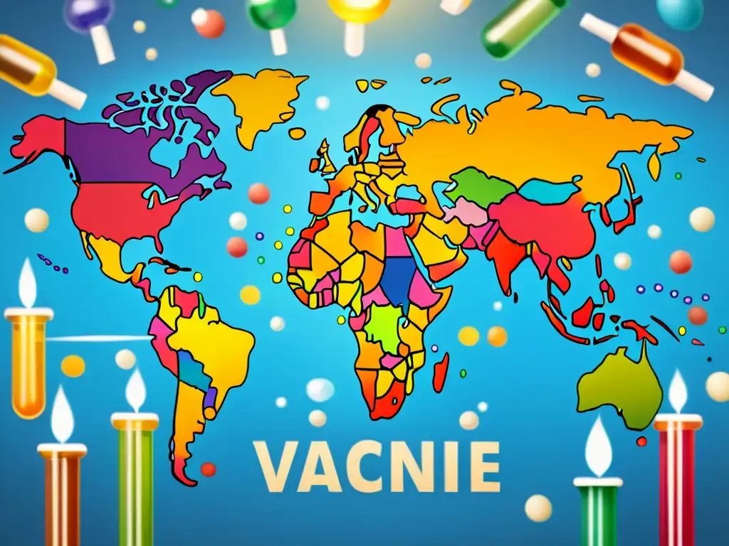 Mapa mundial vintage con vacunas ARNm, símbolo de esperanza y unidad, impacto pandemias vacunas ARNm