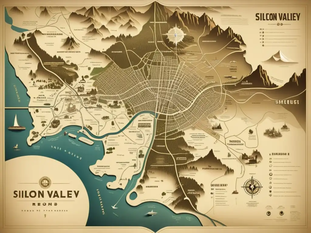 Mapa vintage detallado de Silicon Valley y regiones emergentes, evocando el espíritu pionero