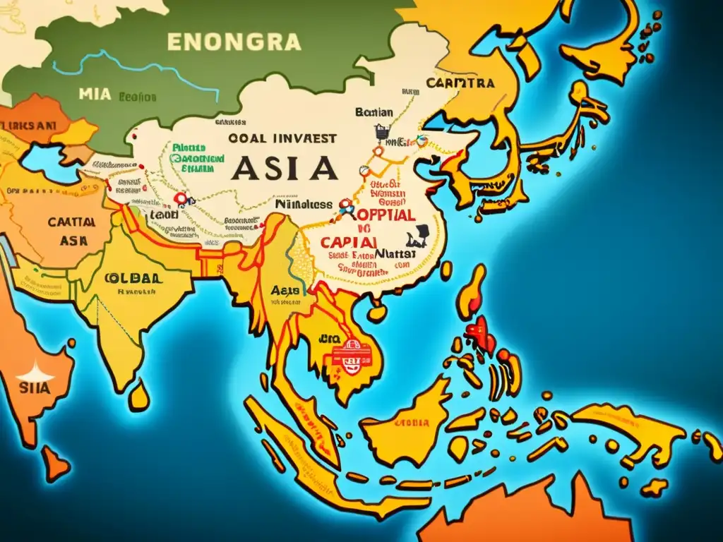 Mapa vintage de Asia con detalles intrincados de las regiones emergentes, capturando la esencia del capital riesgo tecnológico en el continente