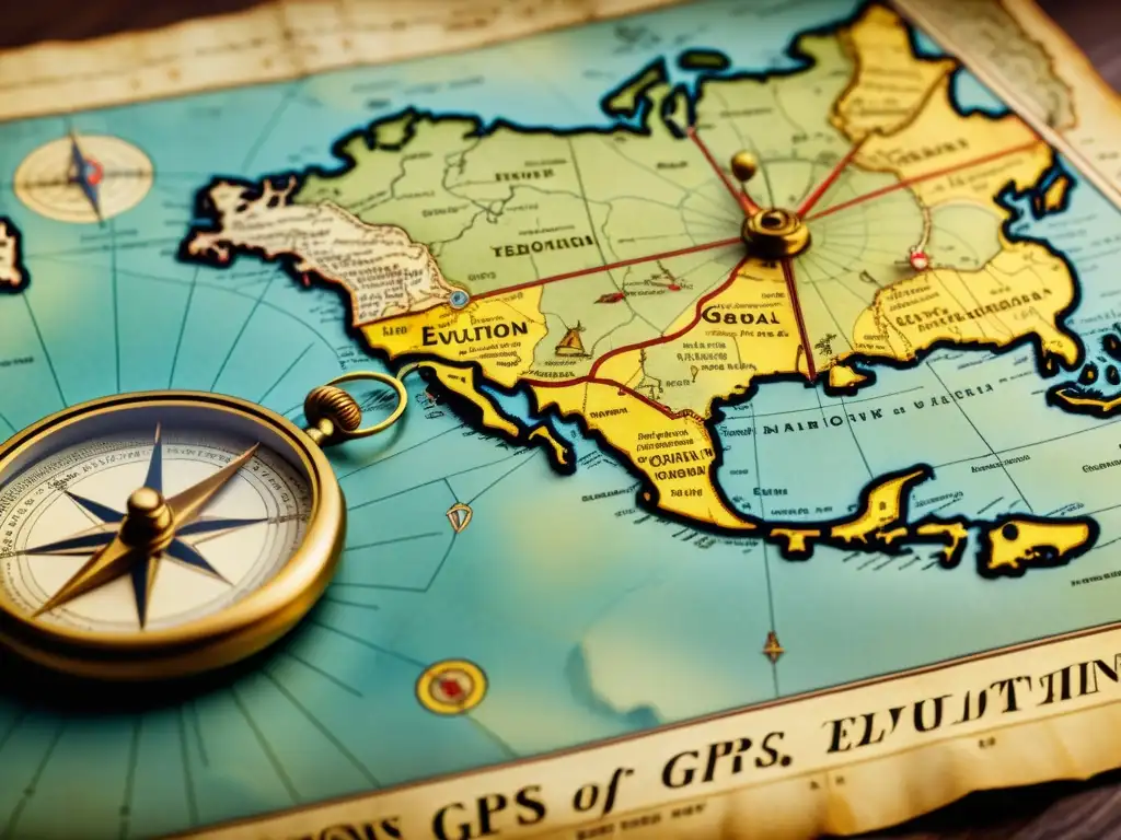 Mapa antiguo: Evolución de la tecnología GPS Mapa vintage con detalles de navegación, rosas de los vientos y herramientas cartográficas antiguas, evocando la historia del GPS y su impacto global
