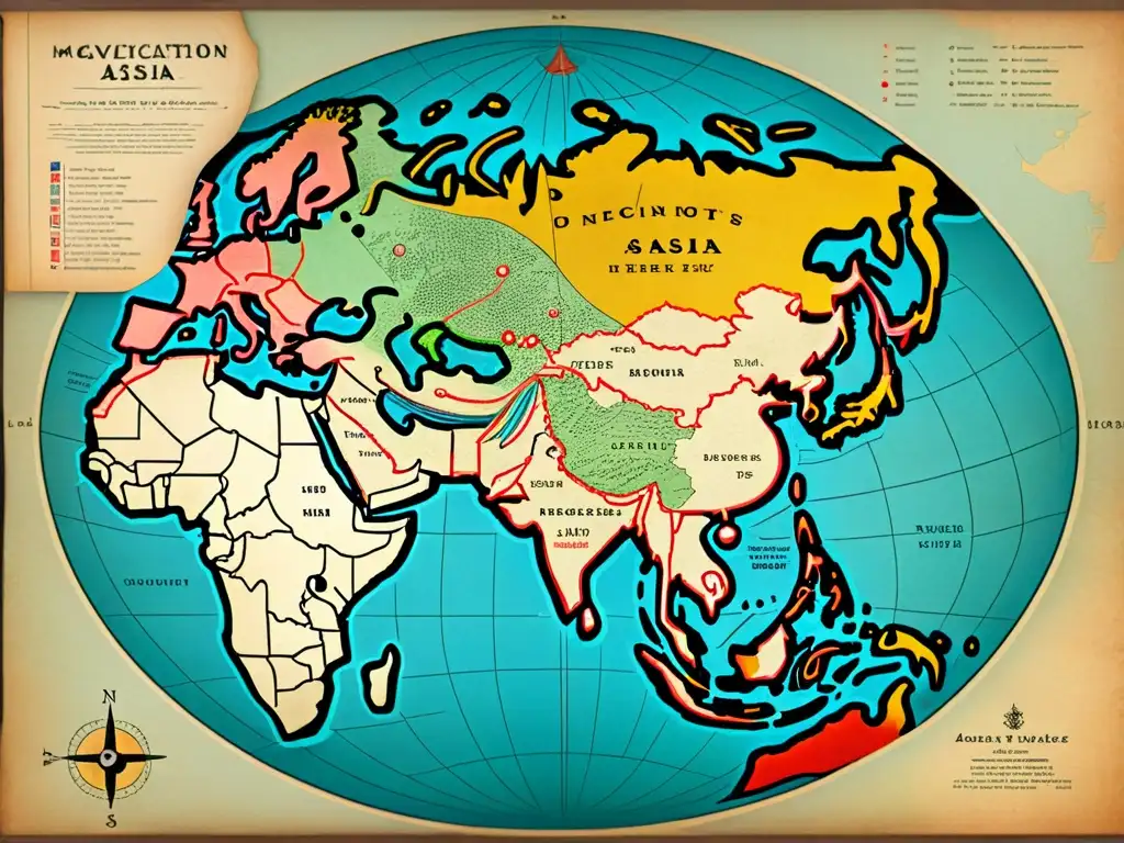 Un mapa vintage de Asia con detalles de rutas de navegación, rosas de los vientos y líneas de declinación magnética