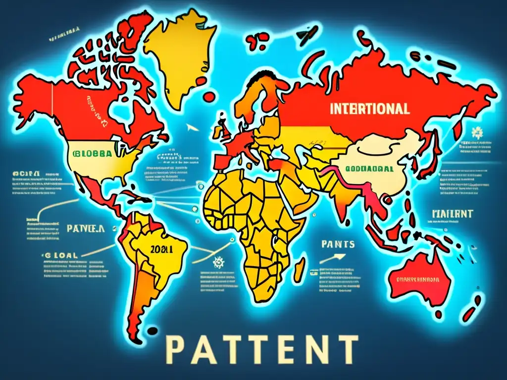 Mapa vintage con documentos de patentes volando alrededor del mundo, mostrando el impacto de patentes internacionales en tecnología