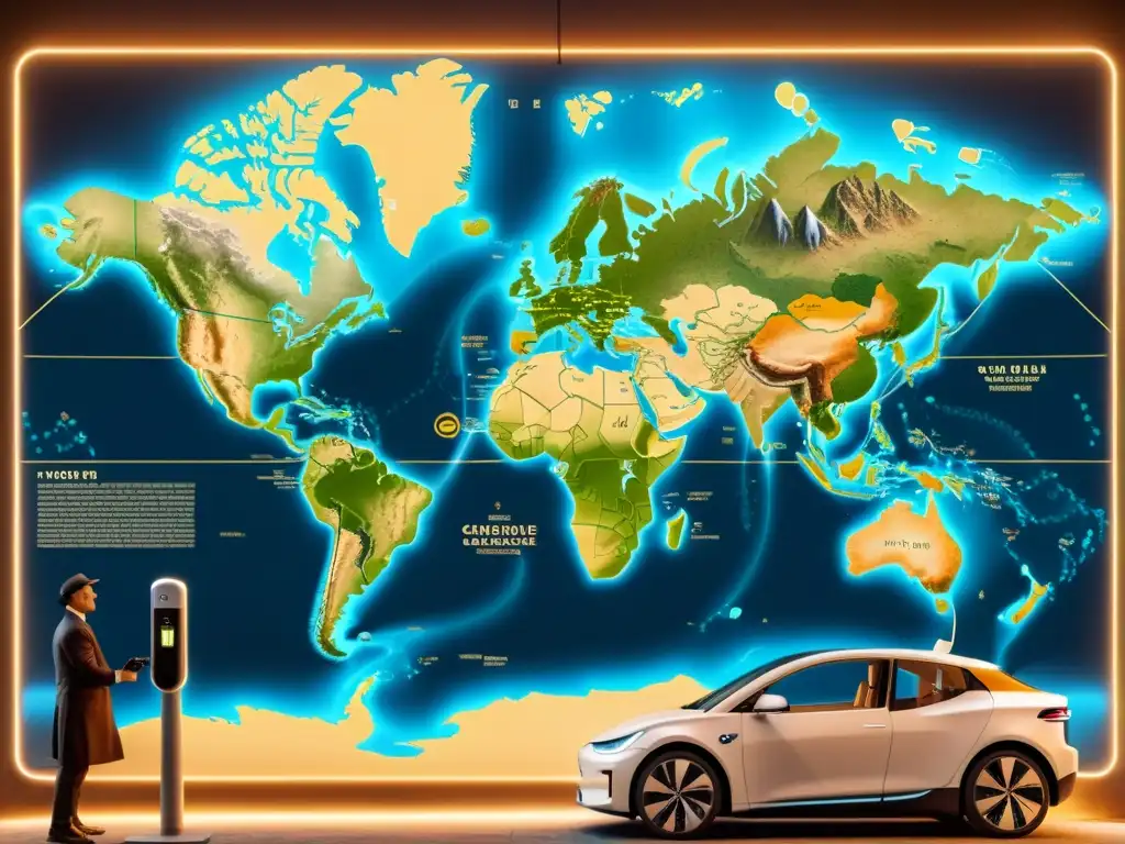 Mapa vintage con estaciones de carga para vehículos eléctricos, ilustrando el impacto en la demanda energética global y la infraestructura