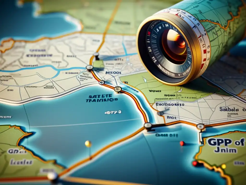 Mapa vintage: evolución de la tecnología GPS Mapa vintage ilustrando la evolución del GPS con herramientas de navegación antiguas y tecnología satelital moderna