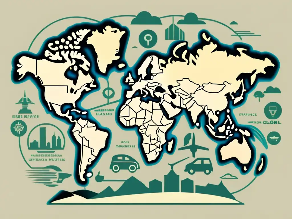 Un mapa vintage muestra el impacto de los vehículos eléctricos en el mapa energético global, con detalles de rutas comerciales y alianzas estratégicas