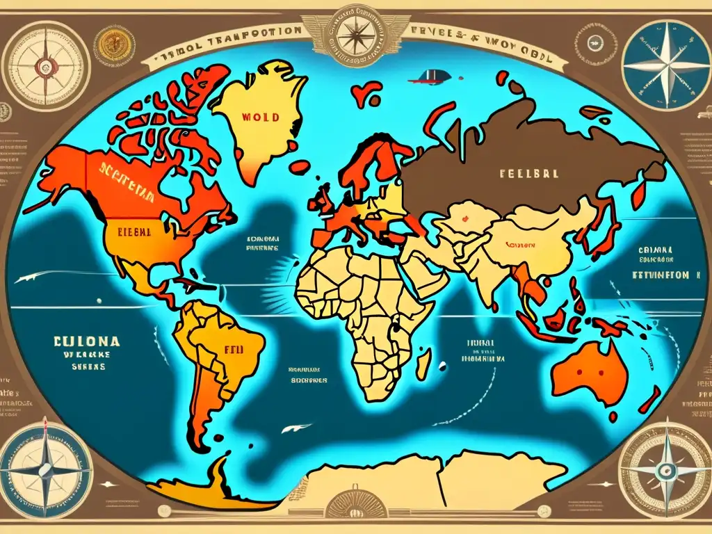 Mapa vintage del mundo con detalles de transporte global y recursos energéticos, impacto de vehículos eléctricos en la red energética