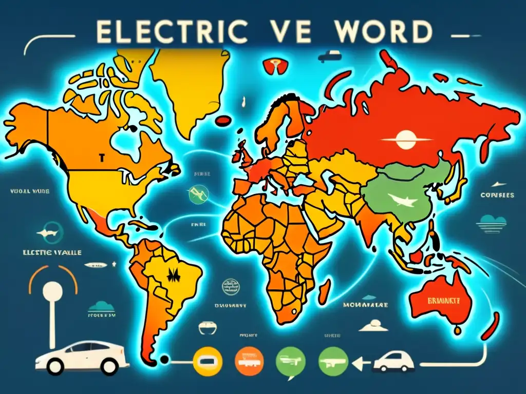 Mapa vintage del mundo con íconos de vehículos eléctricos en puntos energéticos clave, mostrando el impacto de los vehículos eléctricos en el mapa energético global