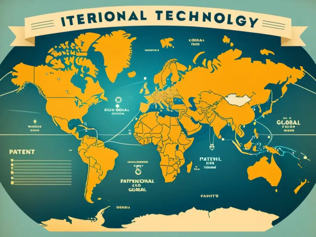 Mapa vintage con patentes volando alrededor del mundo, mostrando el impacto de patentes internacionales en tecnología