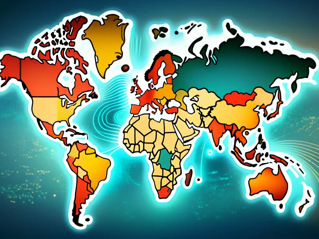 Mapa vintage de políticas globales de ciberseguridad, con redes de computadoras interconectadas, mostrando su aplicación en diferentes contextos a lo largo del tiempo